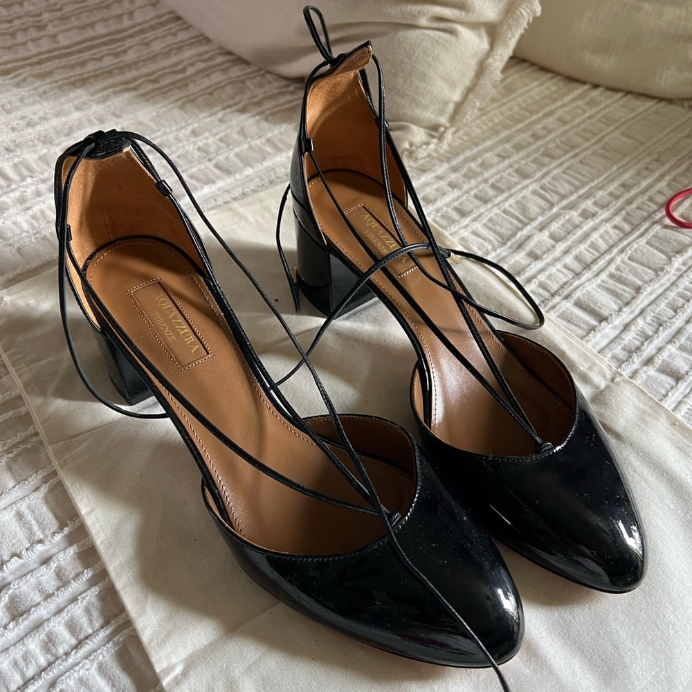 AUTHENTIC Aquazurra Black Patent lace up heel size 38.5 or 8/8.5